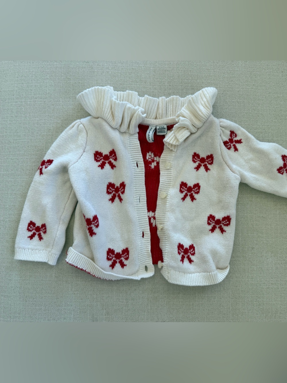 Janie and Jack White and Red Knit Cardigan with Bow Pattern
